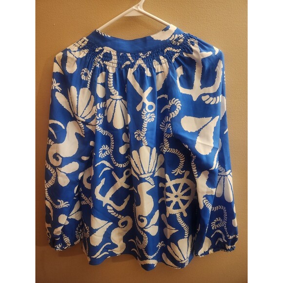 Lilly Pulitzer Elsa Silk Smocked Relaxed Button Front Blouse Tide Pools Navy S - Picture 4 of 5